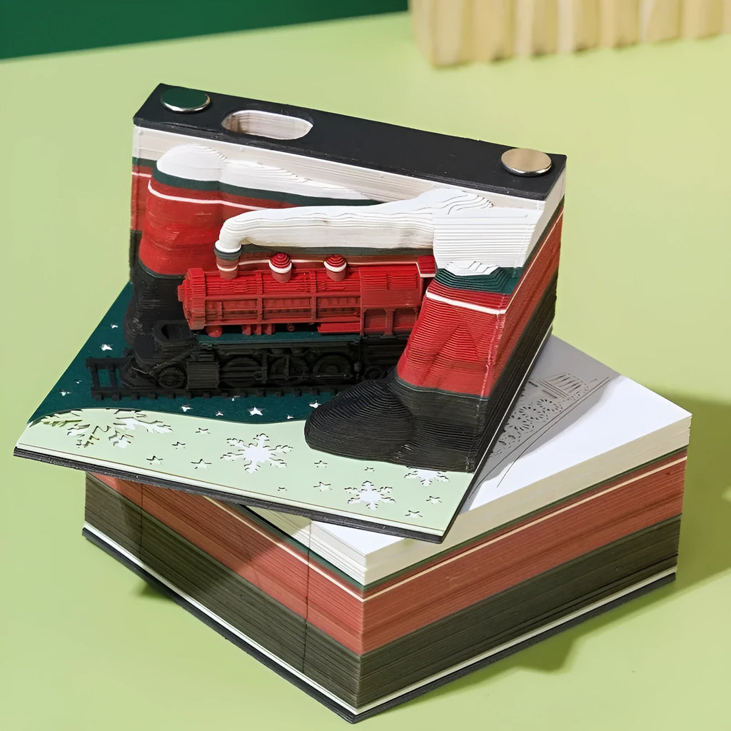 3D sticky notes with Qingshui Temple paper carving and Christmas train cover