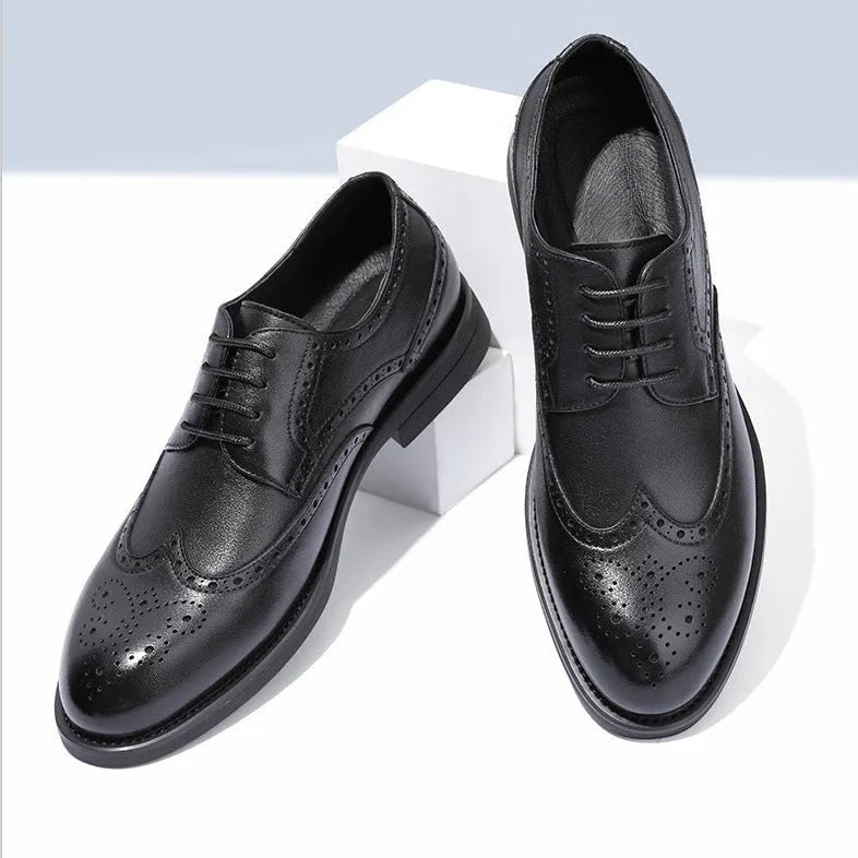Men's black and brown brogue leather shoes with business styling and PU leather upper material