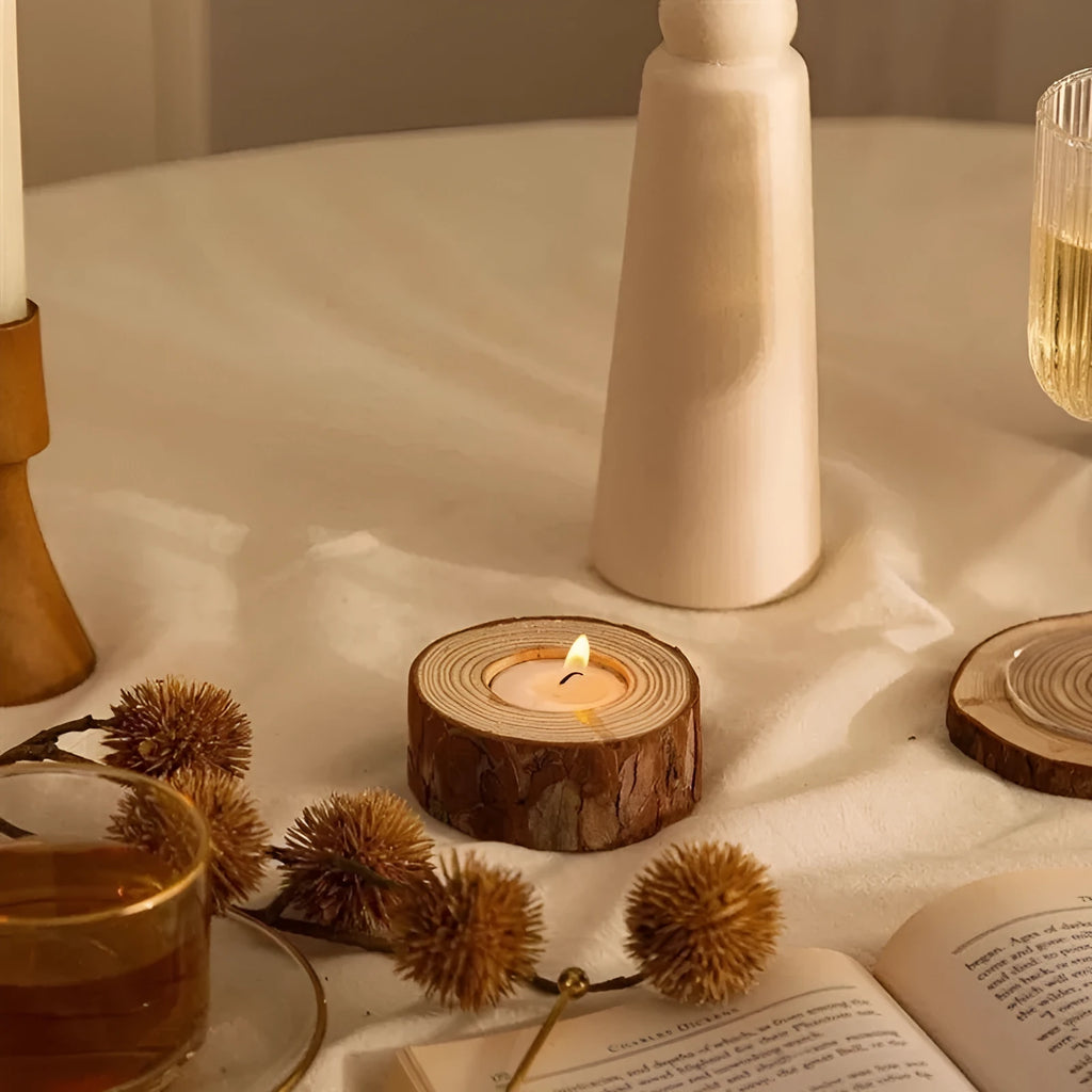 Simple modern pastoral wood candle holder with four candles in a carton packaging