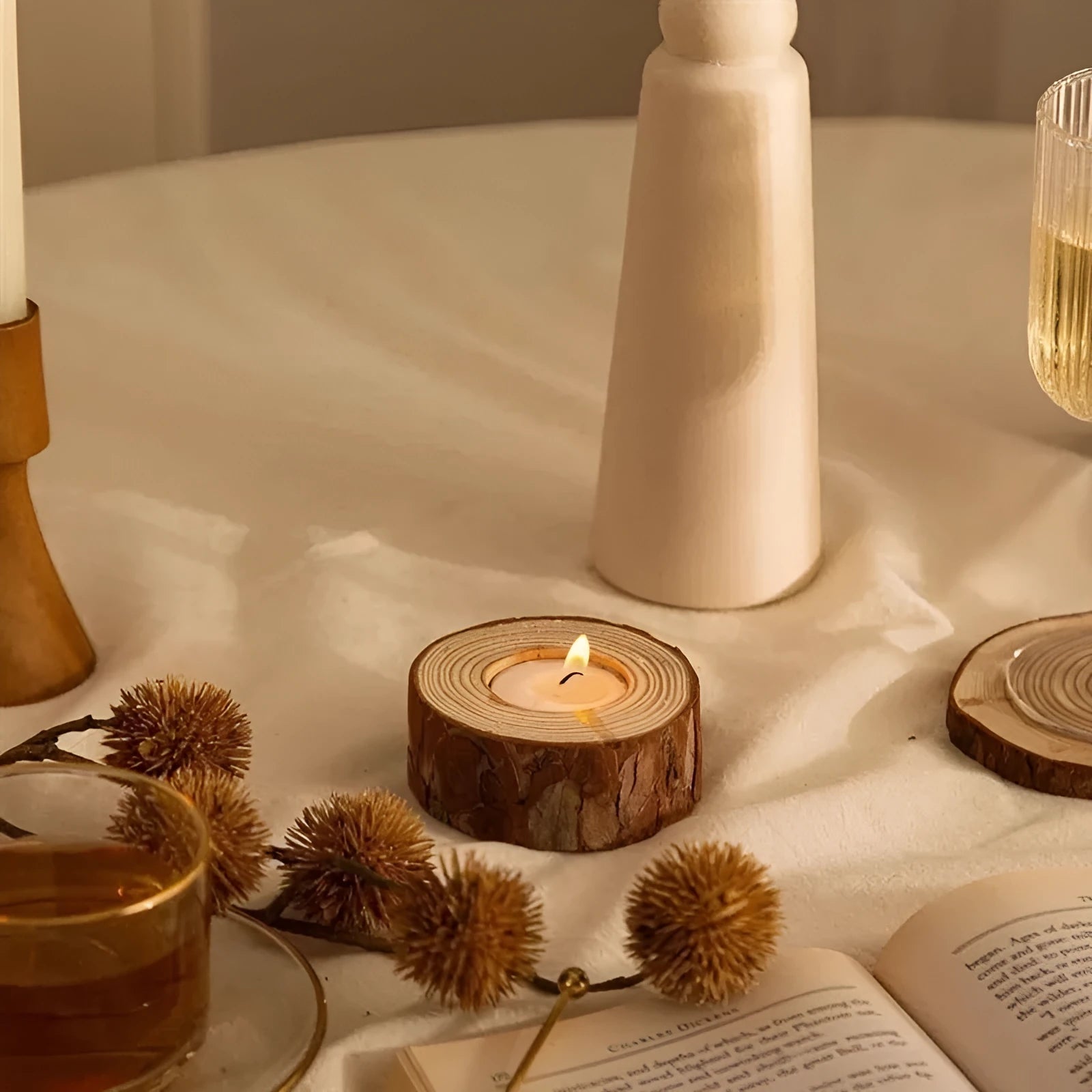 Simple modern pastoral wood candle holder with four candles in a carton packaging