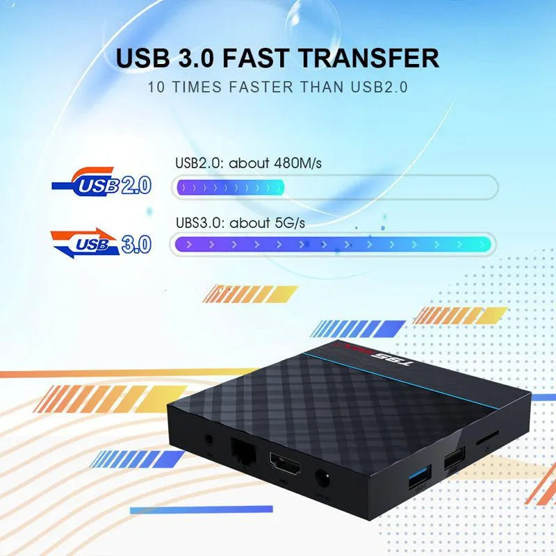 Black T95 Max Plus Android TV box with remote control on a table.