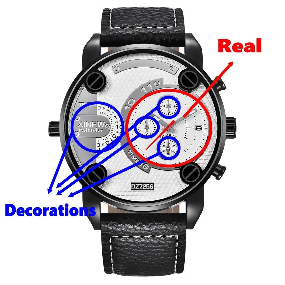 Mens big analogue wristwatch with leather strap and date window, 5cm dial, black colour option