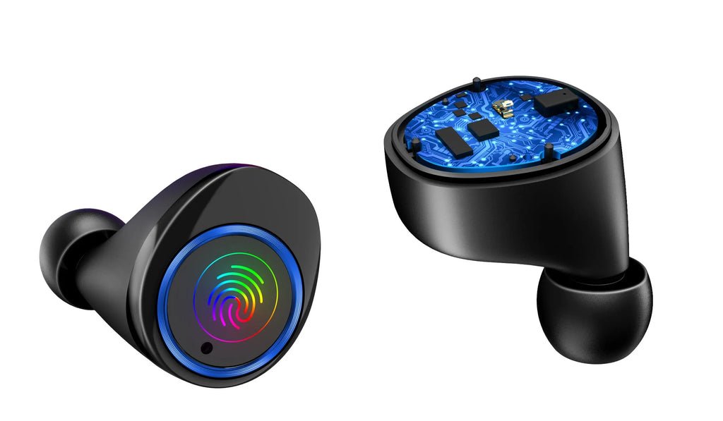 Black X11 wireless Bluetooth earbuds with charging case and six silicone ear tips on a grey background.