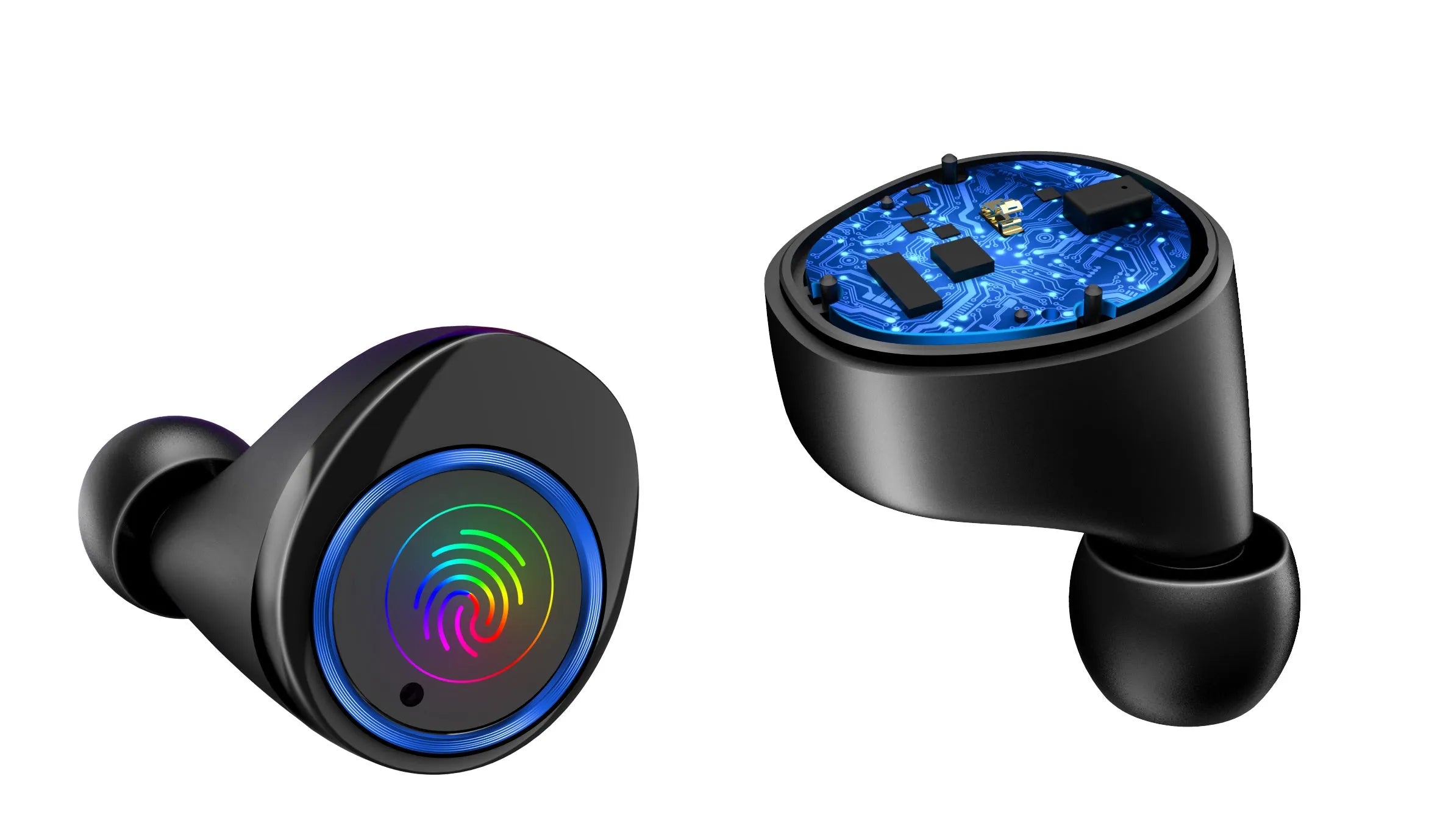 Black X11 wireless Bluetooth earbuds with charging case and six silicone ear tips on a grey background.