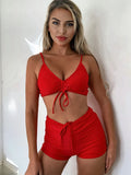 Women's split swimsuit high waist bikini in 80% nylon, two-piece set with top and shorts, red and blue options, sleeveless