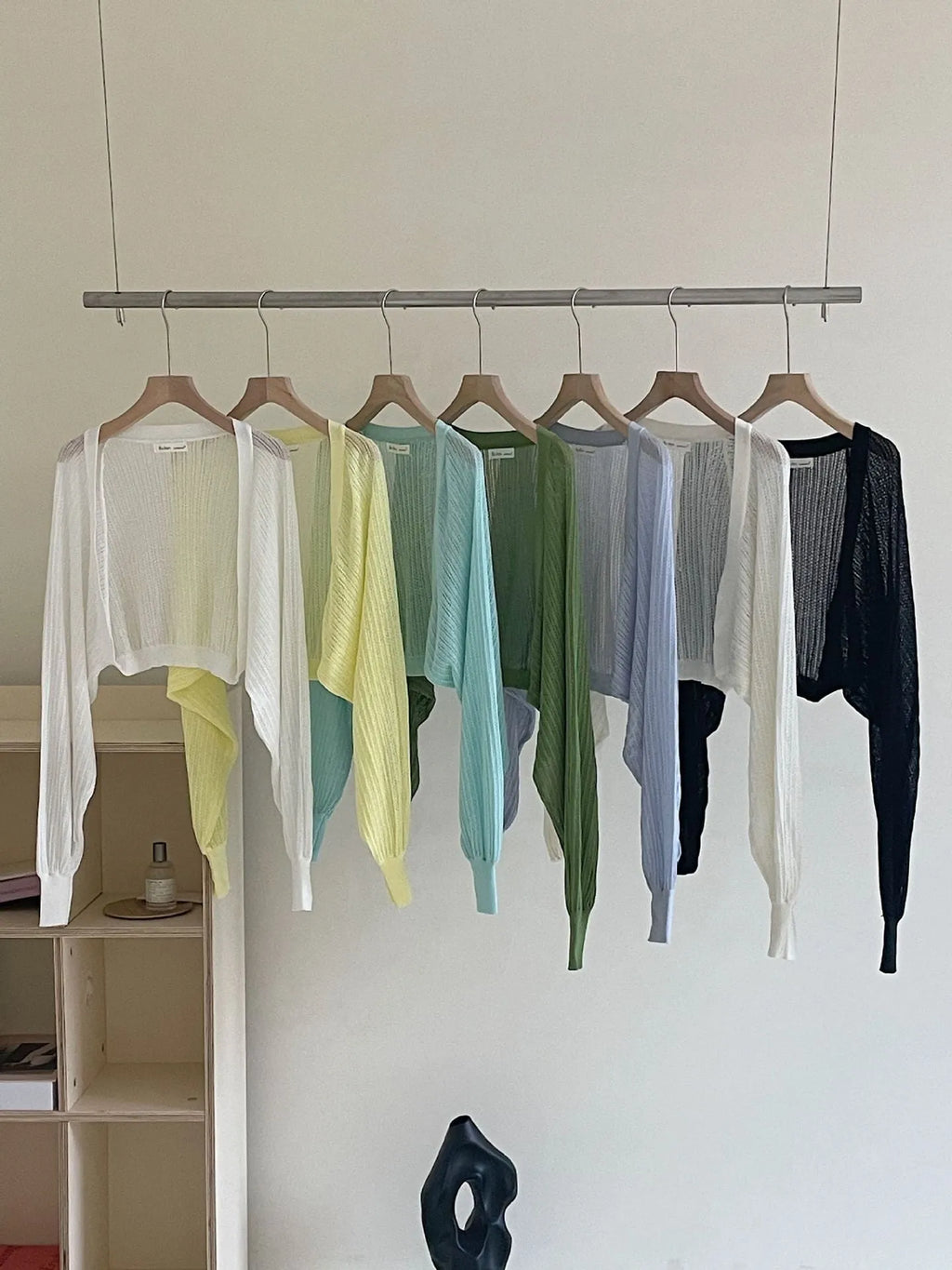 Women's linen blend blouse with hollow-out design and long lantern sleeves in apricot colour