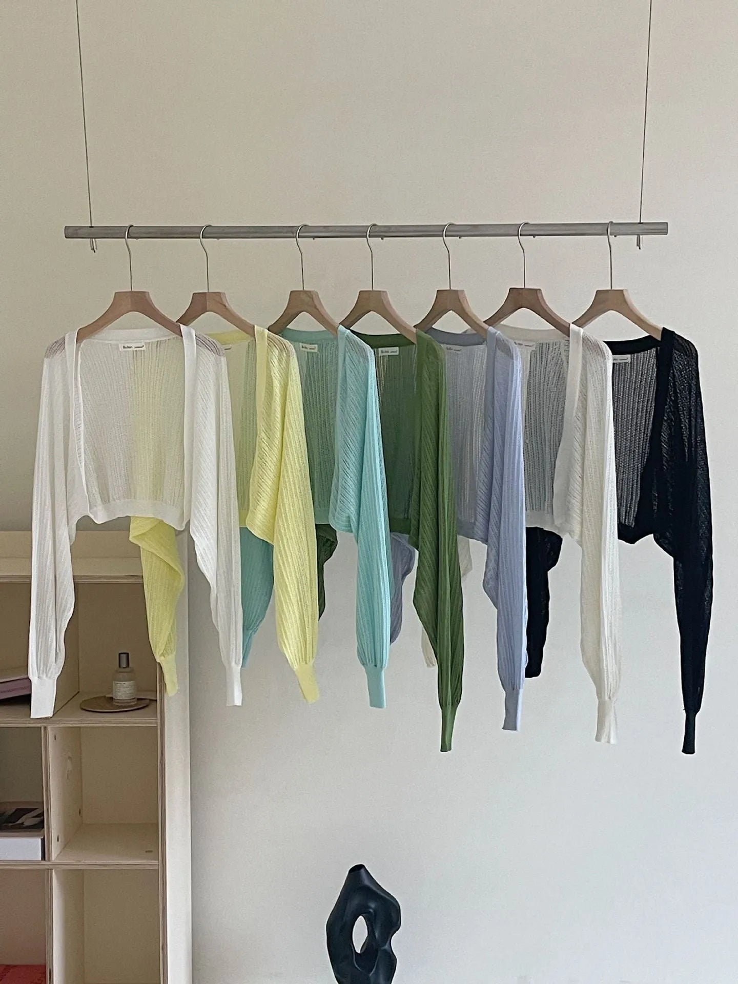 Women's linen blend blouse with hollow-out design and long lantern sleeves in apricot colour