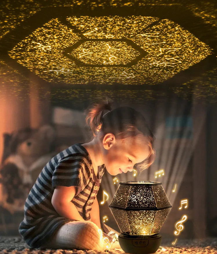 Battery-powered children's rotating star night light projector showing LED colours on a ceiling.