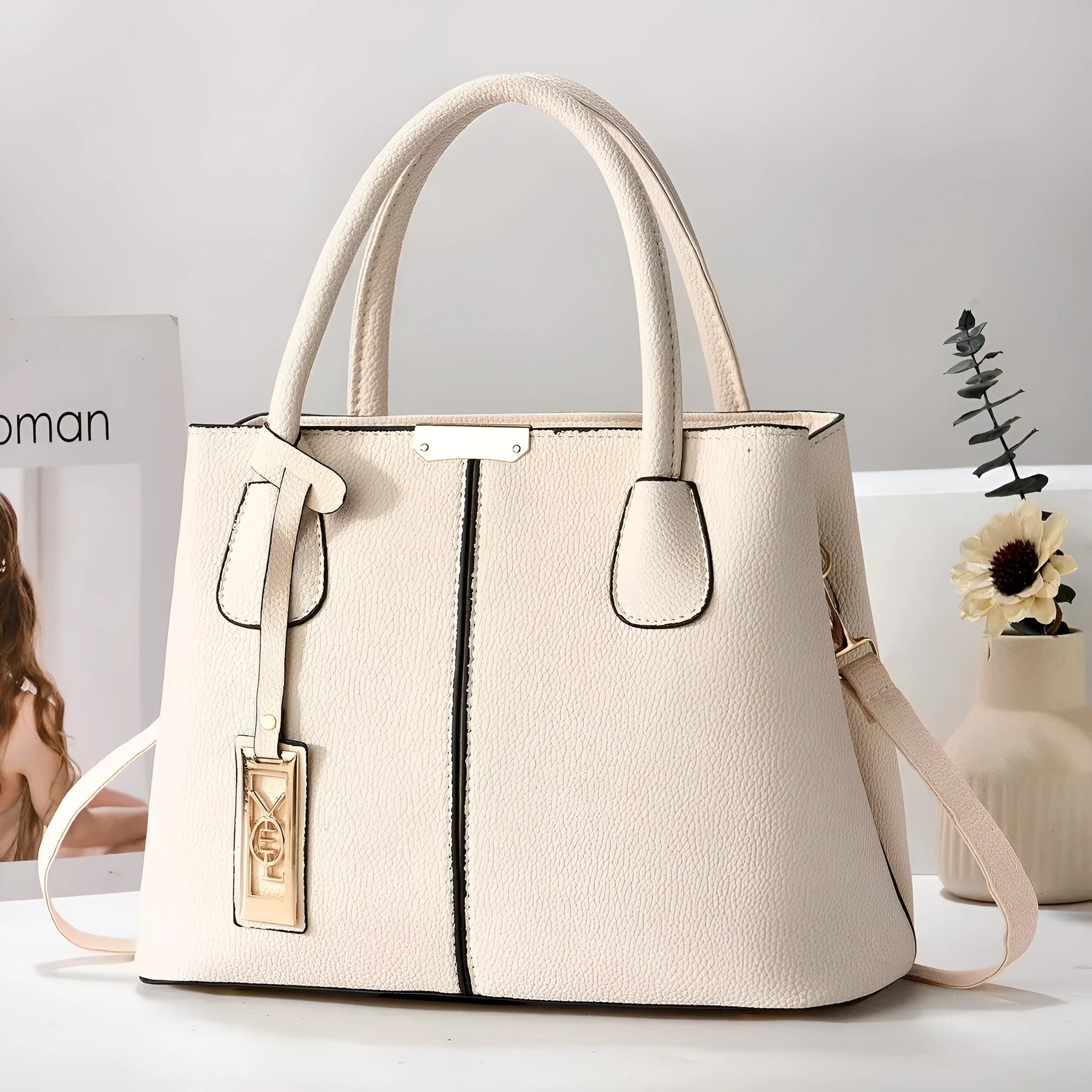 Women's large capacity soft PU leather shoulder bag in horizontal square design with leather strap