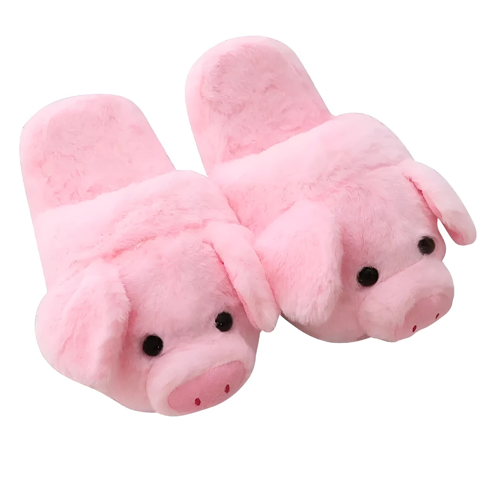 Pink pig-shaped plush floor slippers for adults on a white background.