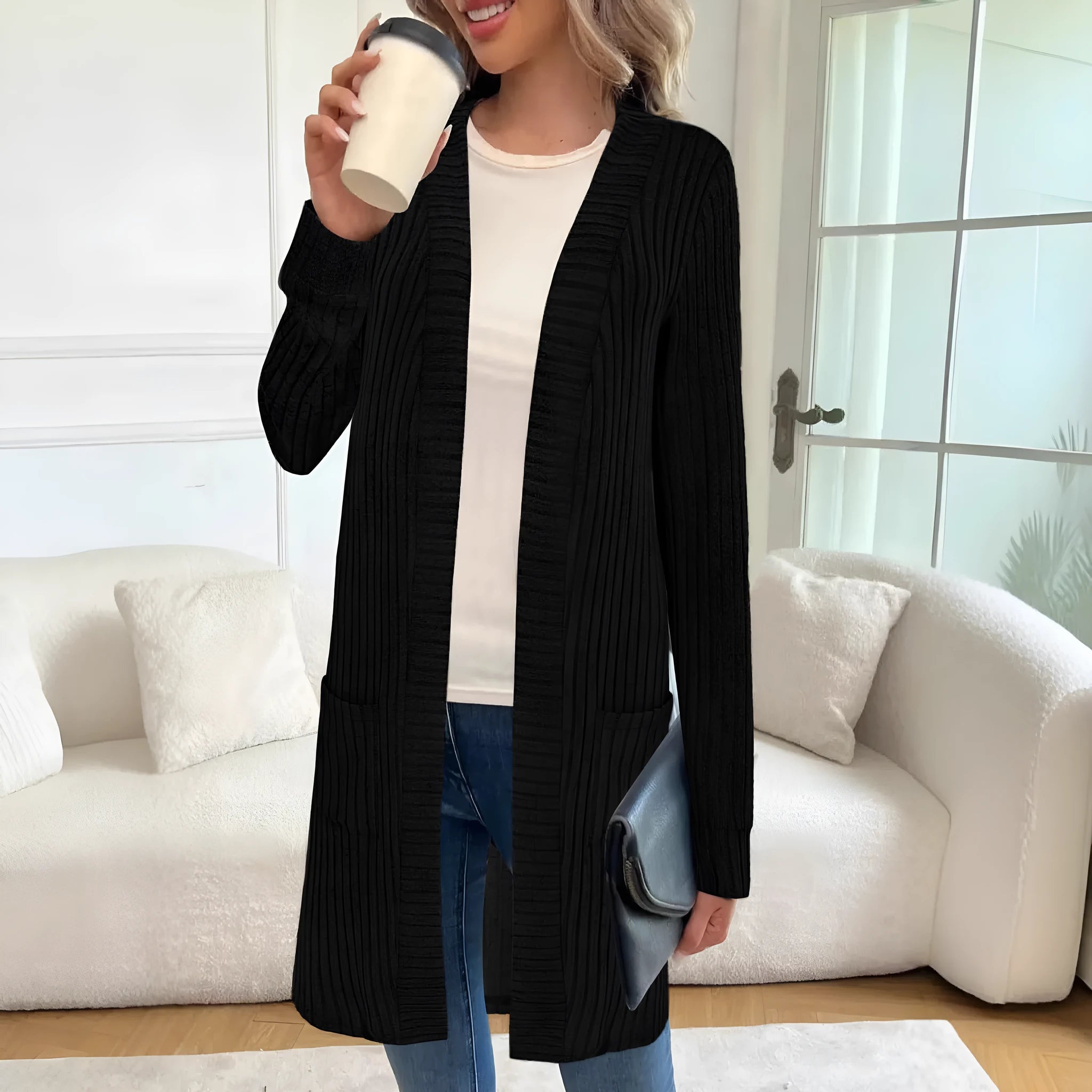 A loose-fitting long sleeve knitted cardigan jacket with pockets, shown in black, wine red, and grey colours.