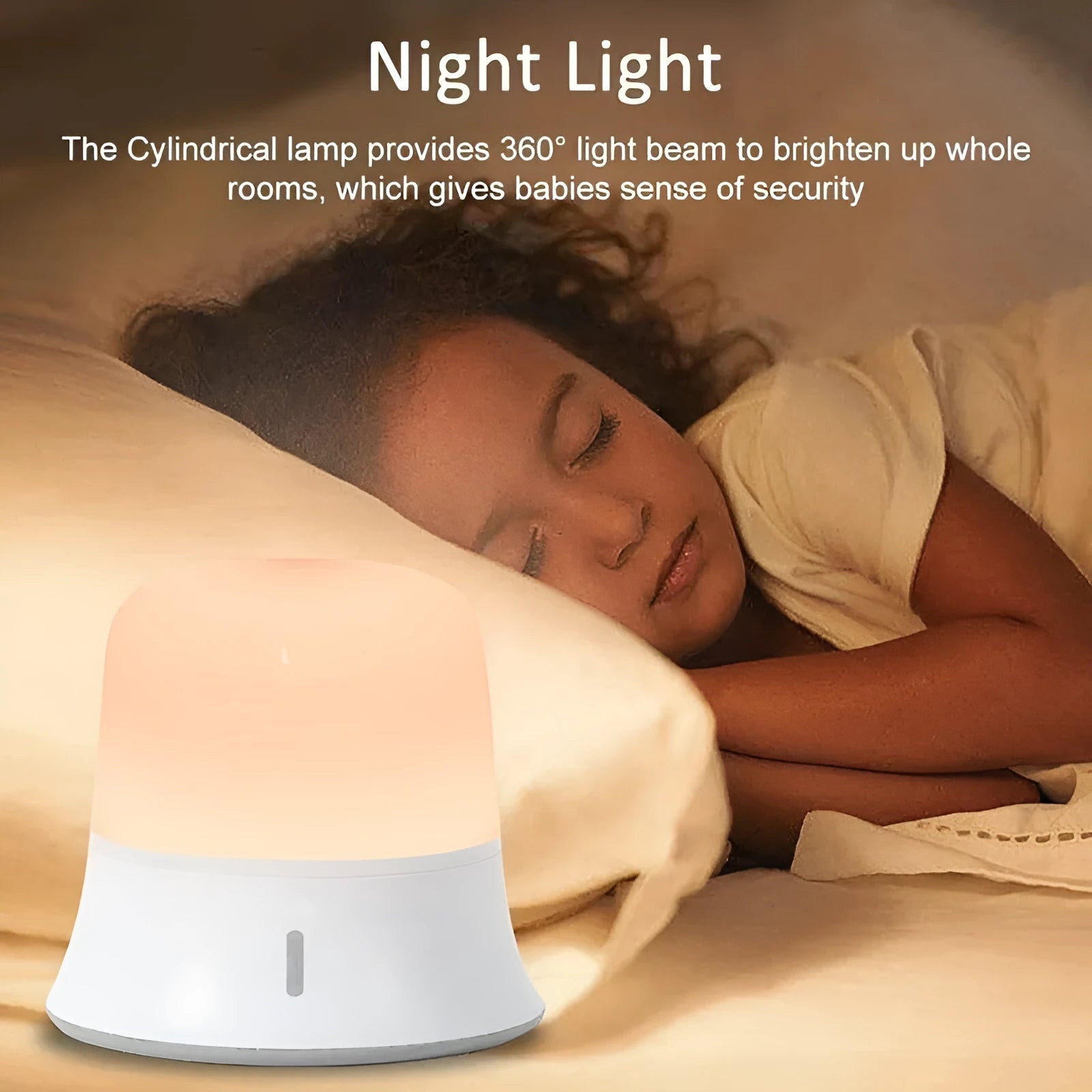 White bedside touch control night light with motion sensor, shown with warm white glow.