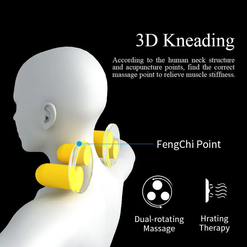 Black cervical vertebra massager cushion with 4 massage heads and infrared heat for car and home use