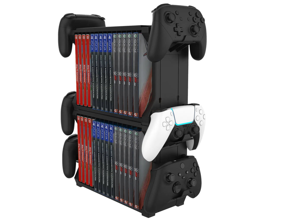 Black PS5 disc holder with slots for game cartridges and four controller storage bays