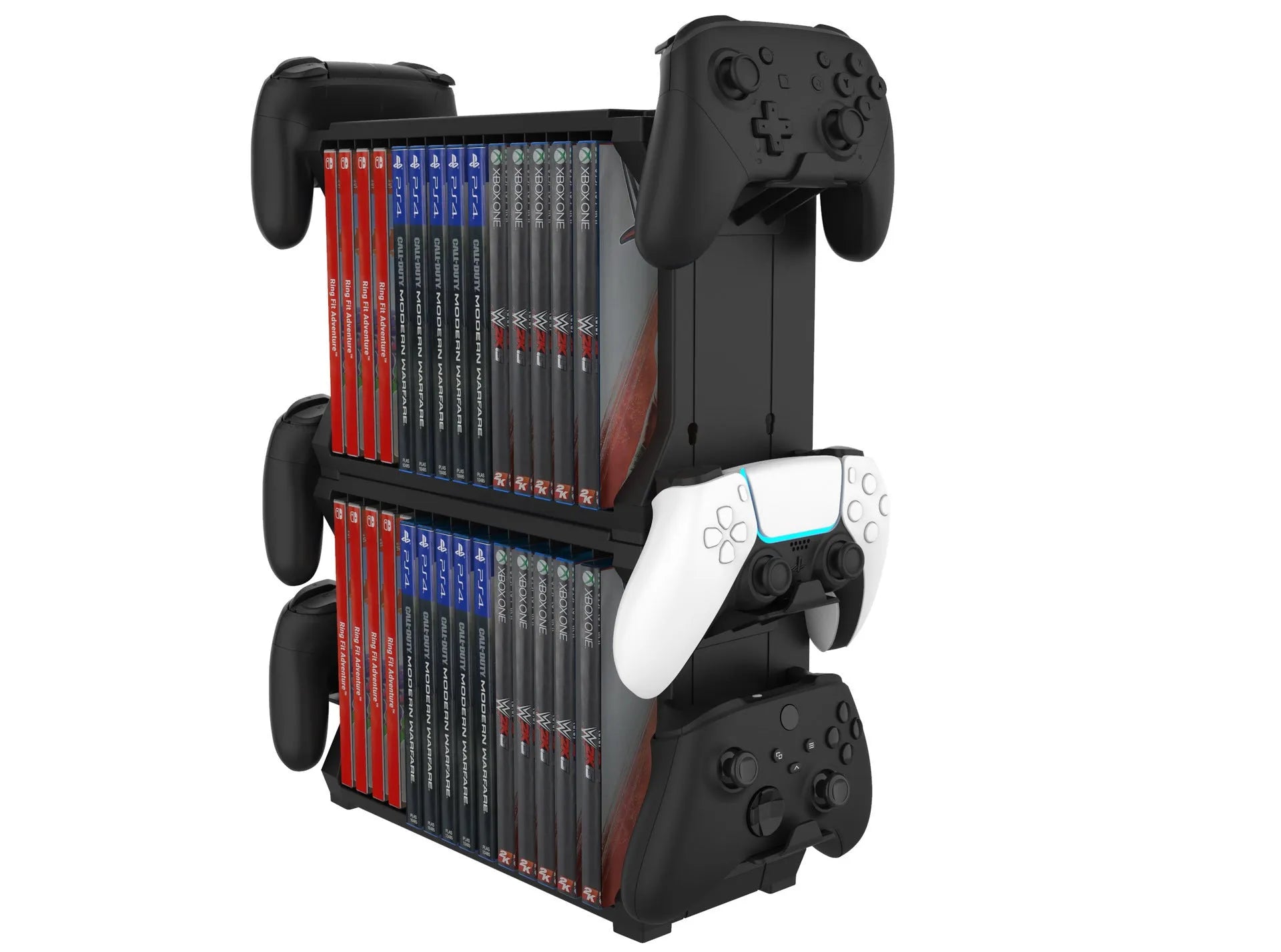 Black PS5 disc holder with slots for game cartridges and four controller storage bays