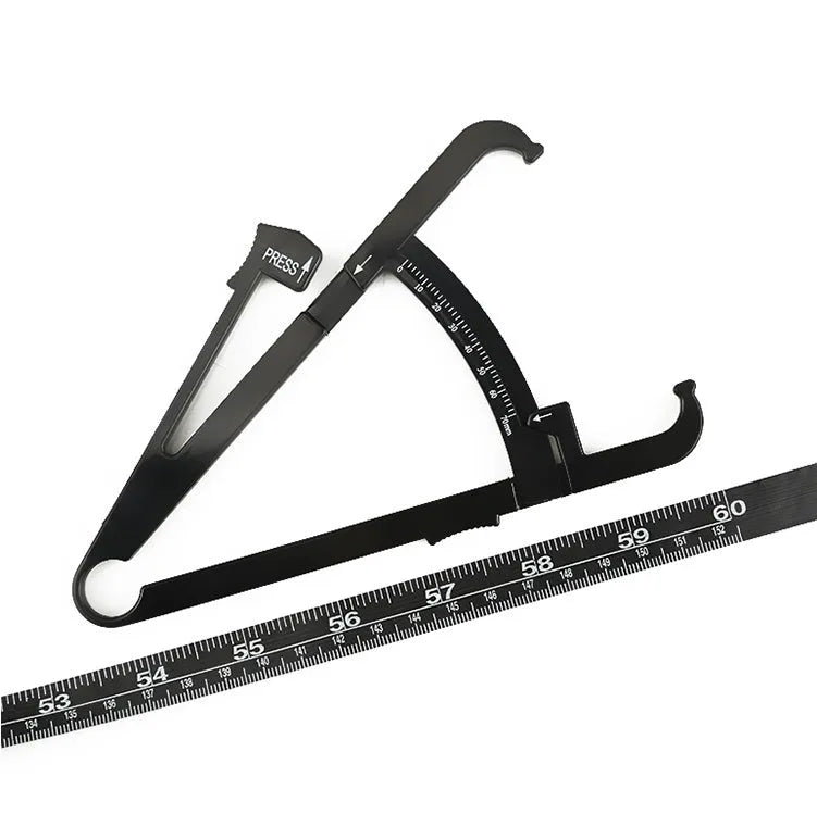 Black body fat measuring caliper instrument with measurement scale and cord