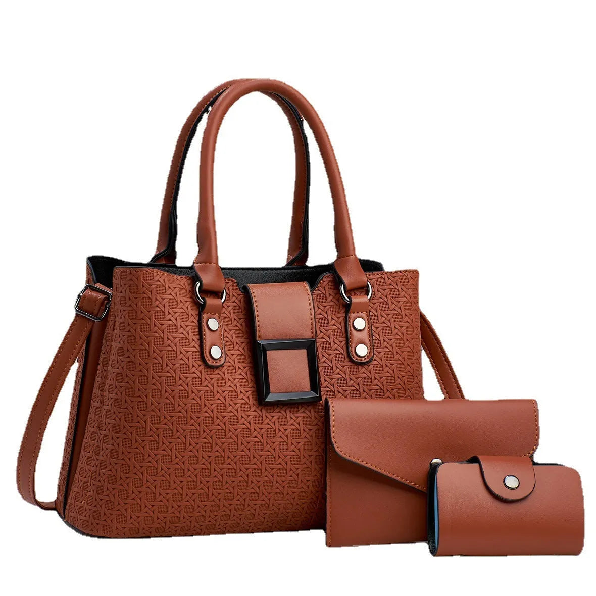 Three-piece textured PU women's crossbody bag set in square vertical shape showing internal compartments