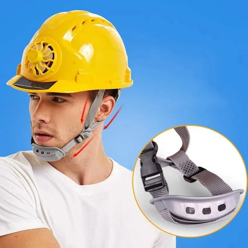 PE solar fan sunshade helmet in blue for construction workers with automatic cooling ventilation
