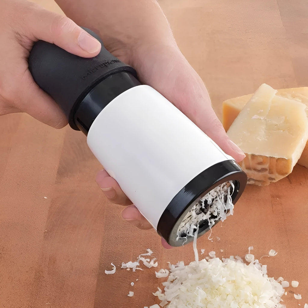 Stainless steel rotary cheese grater with black and white finish, height 17cm, diameter 7.3cm, with two blades