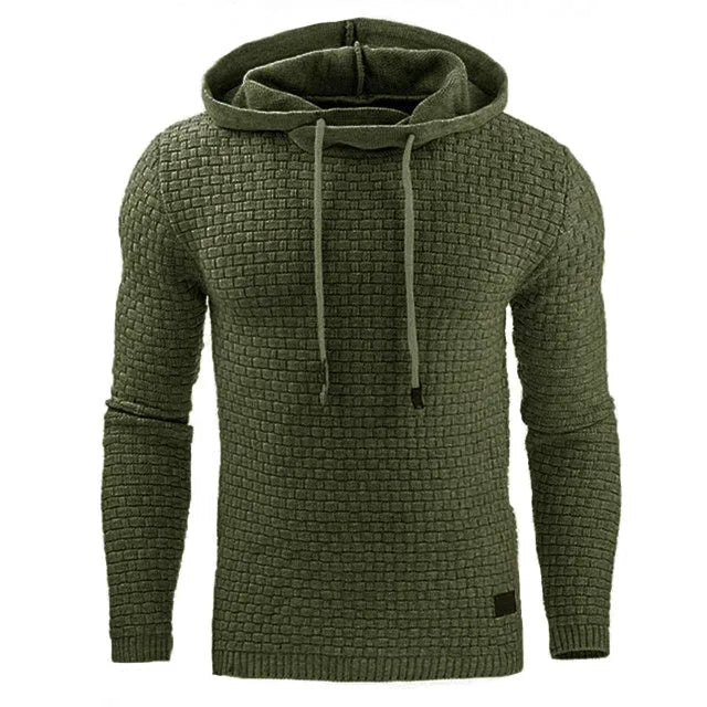 Men's grey cotton-polyester blend hoodie sweatshirt on a hanger.