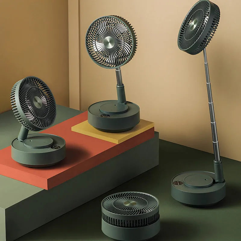 Green telescopic rechargeable electric fan showing extended floor-standing position with remote control
