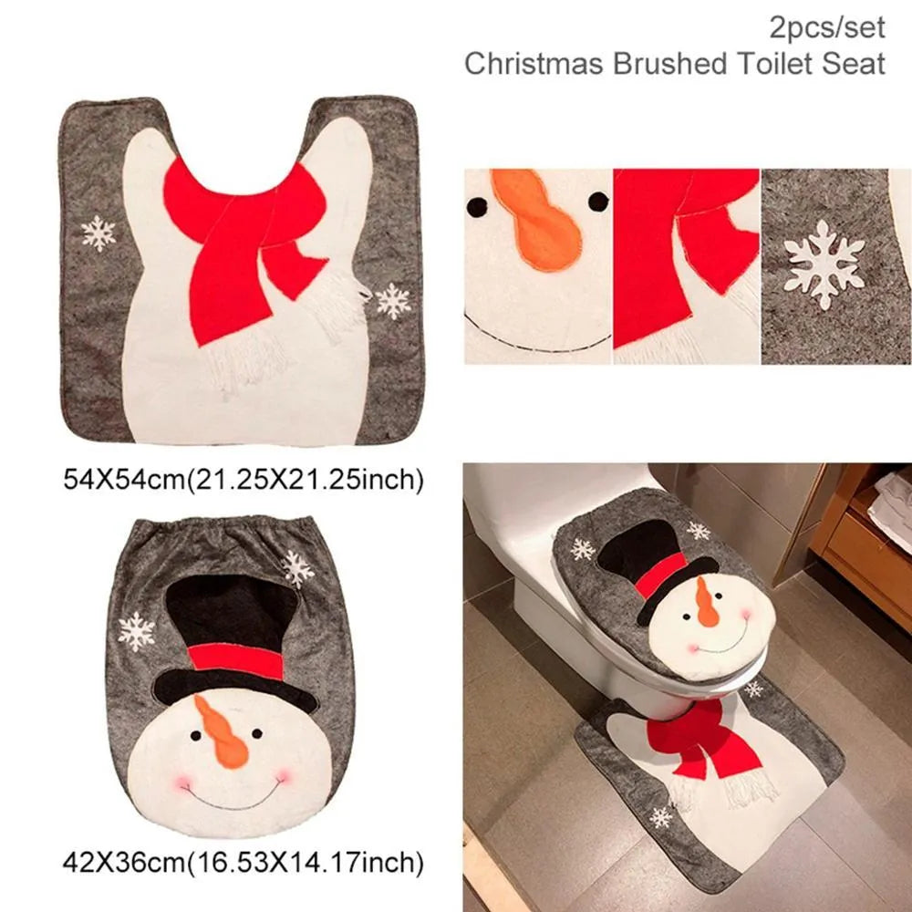 Christmas bathroom set with Santa design including toilet seat cover, floor mat, and shower curtain