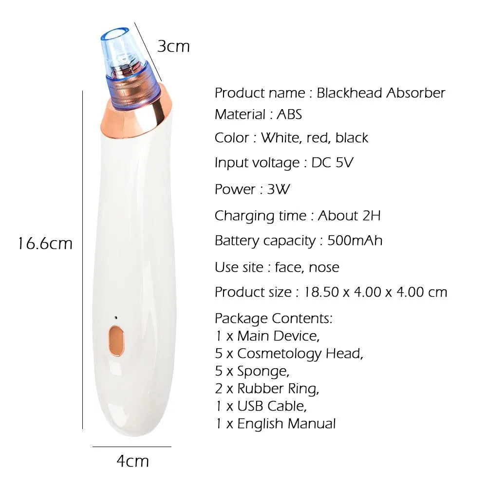 Electric blackhead remover tool with vacuum suction and set of five nozzle attachments