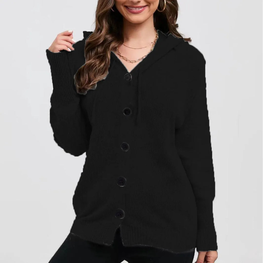 Women's loose-fit hooded cardigan sweater in a solid colour with a 3D textured pattern.