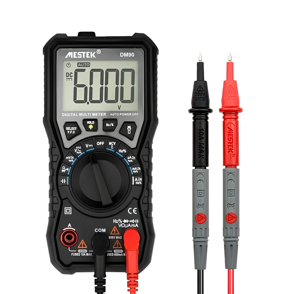 DM90A digital multimeter with LCD display showing measurement readings