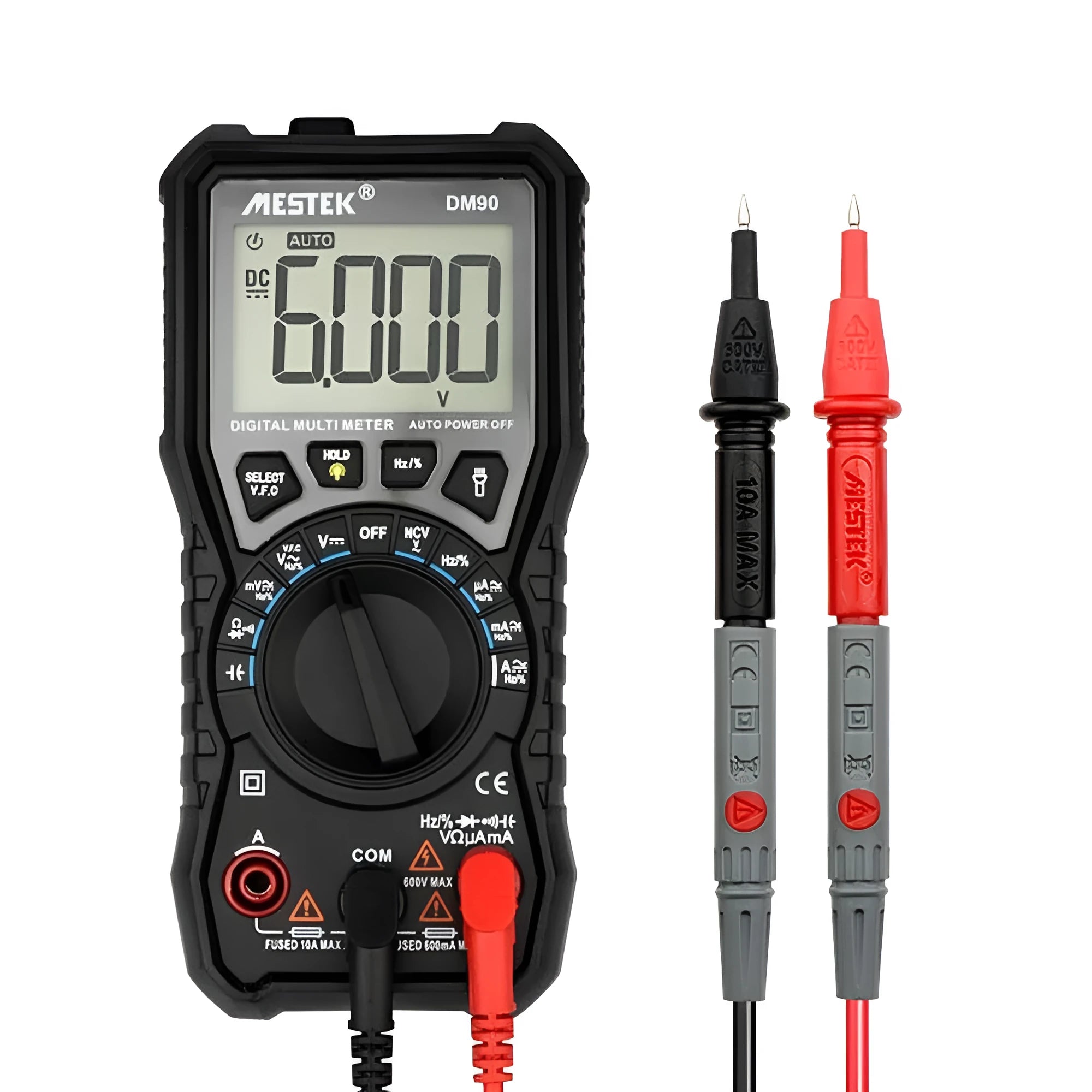 DM90A digital multimeter with LCD display showing measurement readings