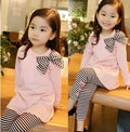 Pink cotton girls' clothing set showing matching top and bottom, for sizes 110cm to 140cm.
