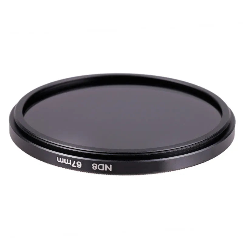 ND8 digital camera filter with aviation aluminium frame showing lens thread sizes from 49mm to 82mm.