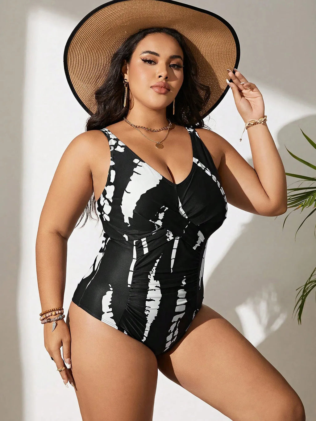 Siamese colour matching fit one-piece swimsuit in black with high elasticity fabric, sizes 0XL to 5XL