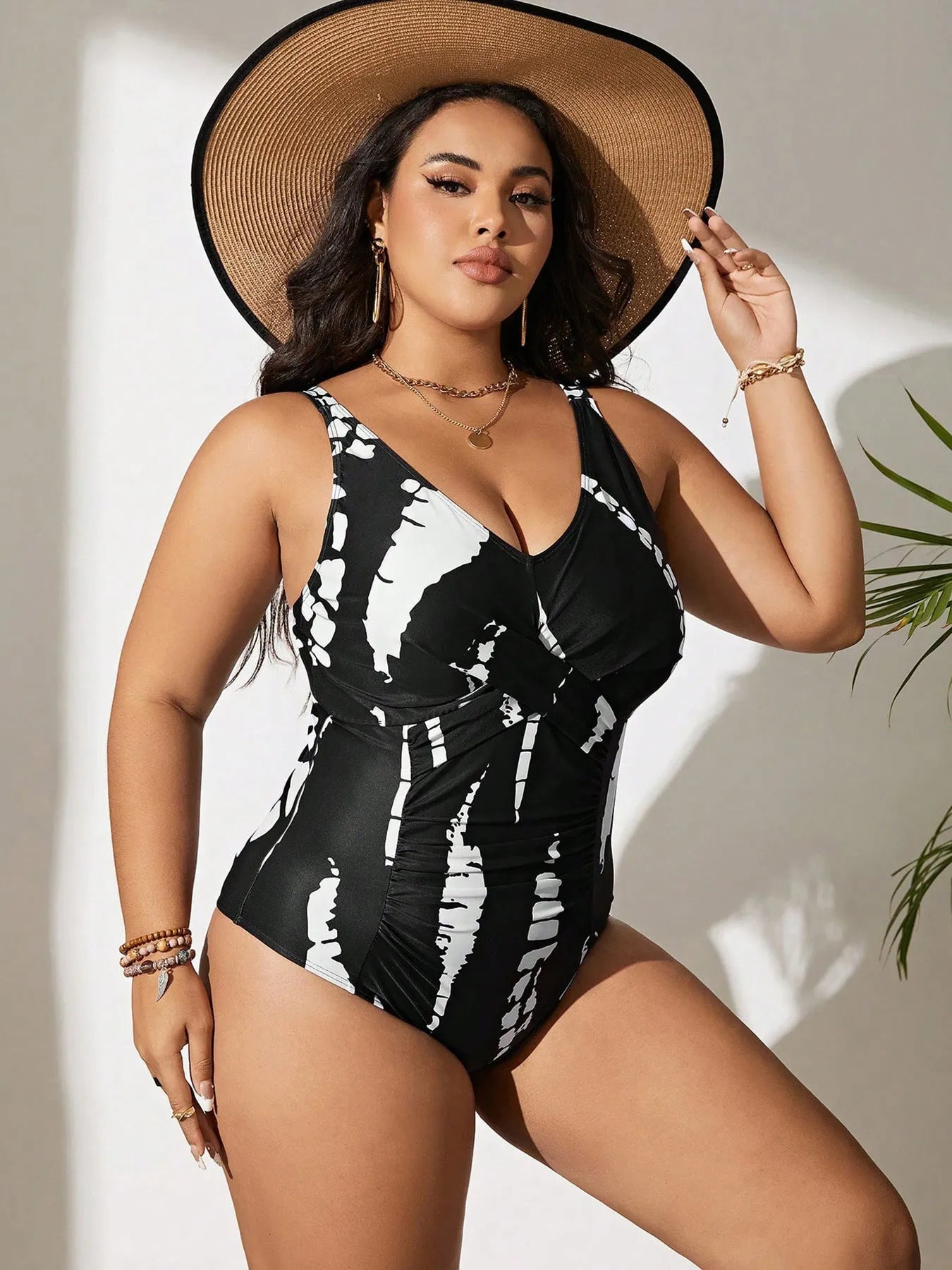 Siamese colour matching fit one-piece swimsuit in black with high elasticity fabric, sizes 0XL to 5XL