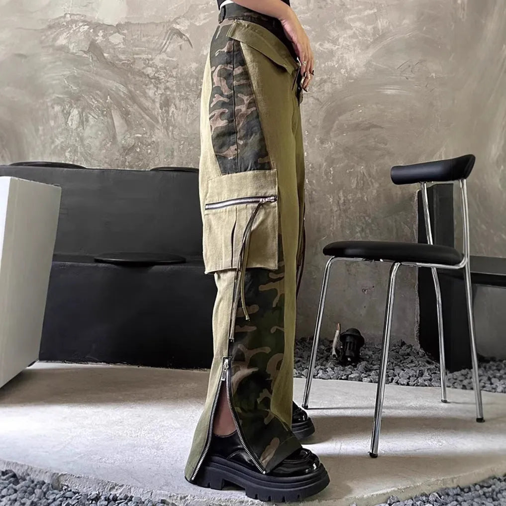 Dark khaki leopard print high waist tooling pants with fake two stitching detail on straight leg denim jeans