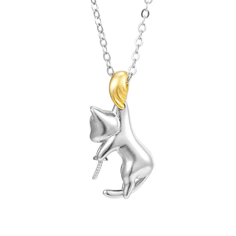 925 sterling silver clavicle chain necklace with electroplated cat charm pendant