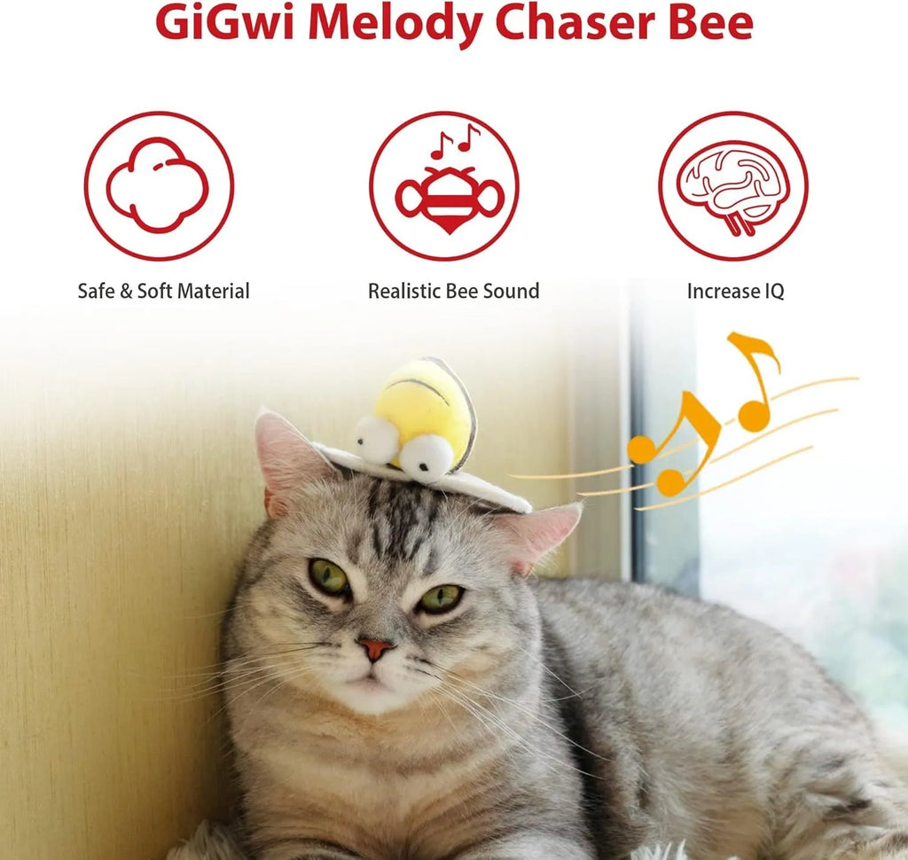 Yellow bee-shaped interactive cat toy with motion-activated squeaking sounds