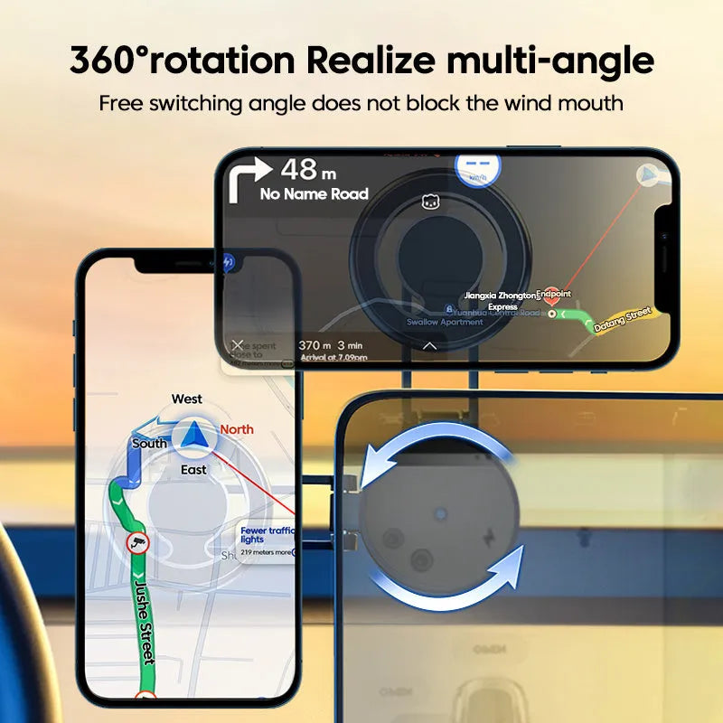 Telescopic folding car phone holder with magnetic mounting system on vehicle dashboard