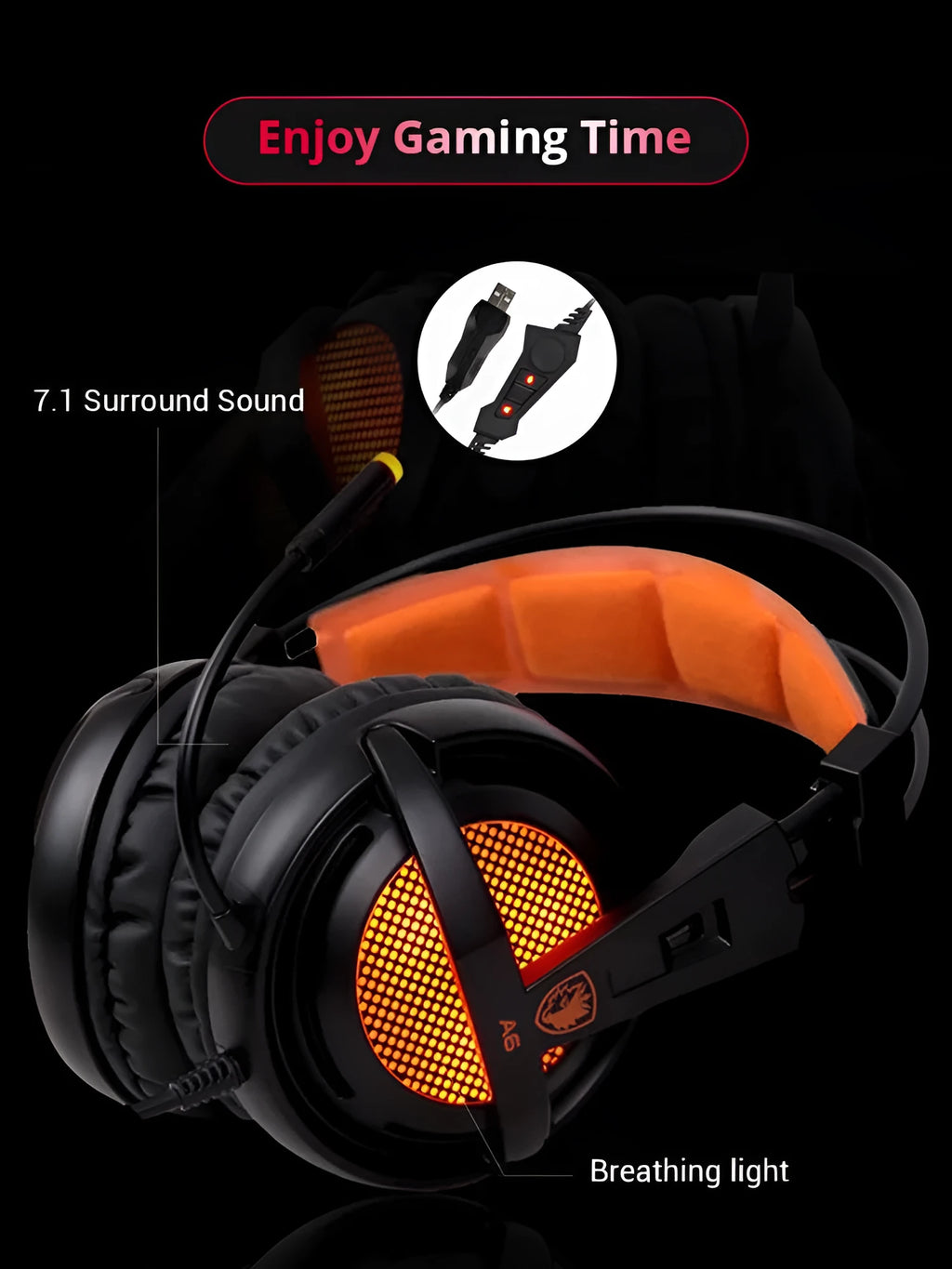 Black and white 7.1 USB gaming headset with LED lights and padded headband