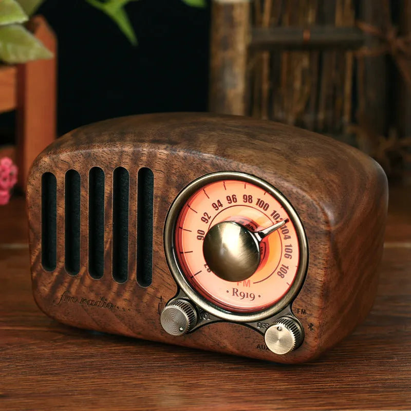 Retro wooden wireless mini speaker in cherry wood or walnut finish with compact dimensions