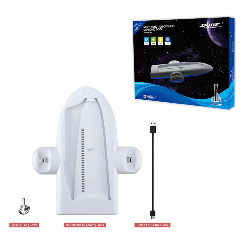 White PS5 Slim controller charging station with cooling pad and RGB ambient lighting