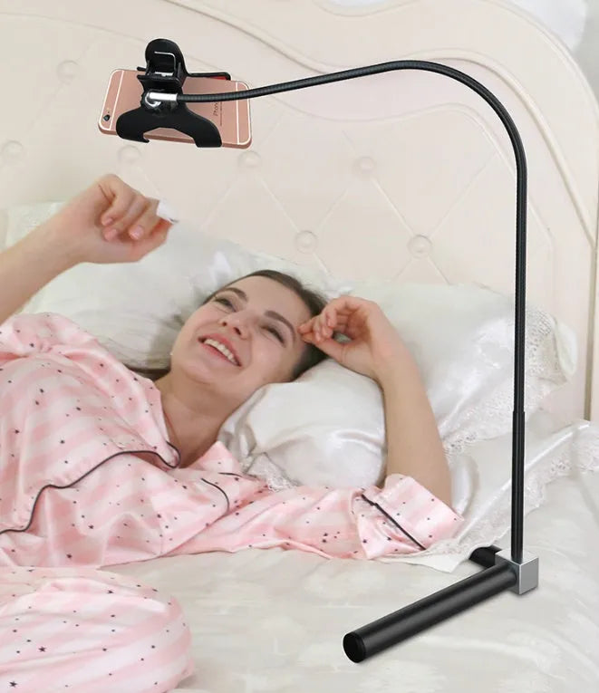 Universal mobile phone bed bracket with adjustable overhead support shelf in black and white colour options