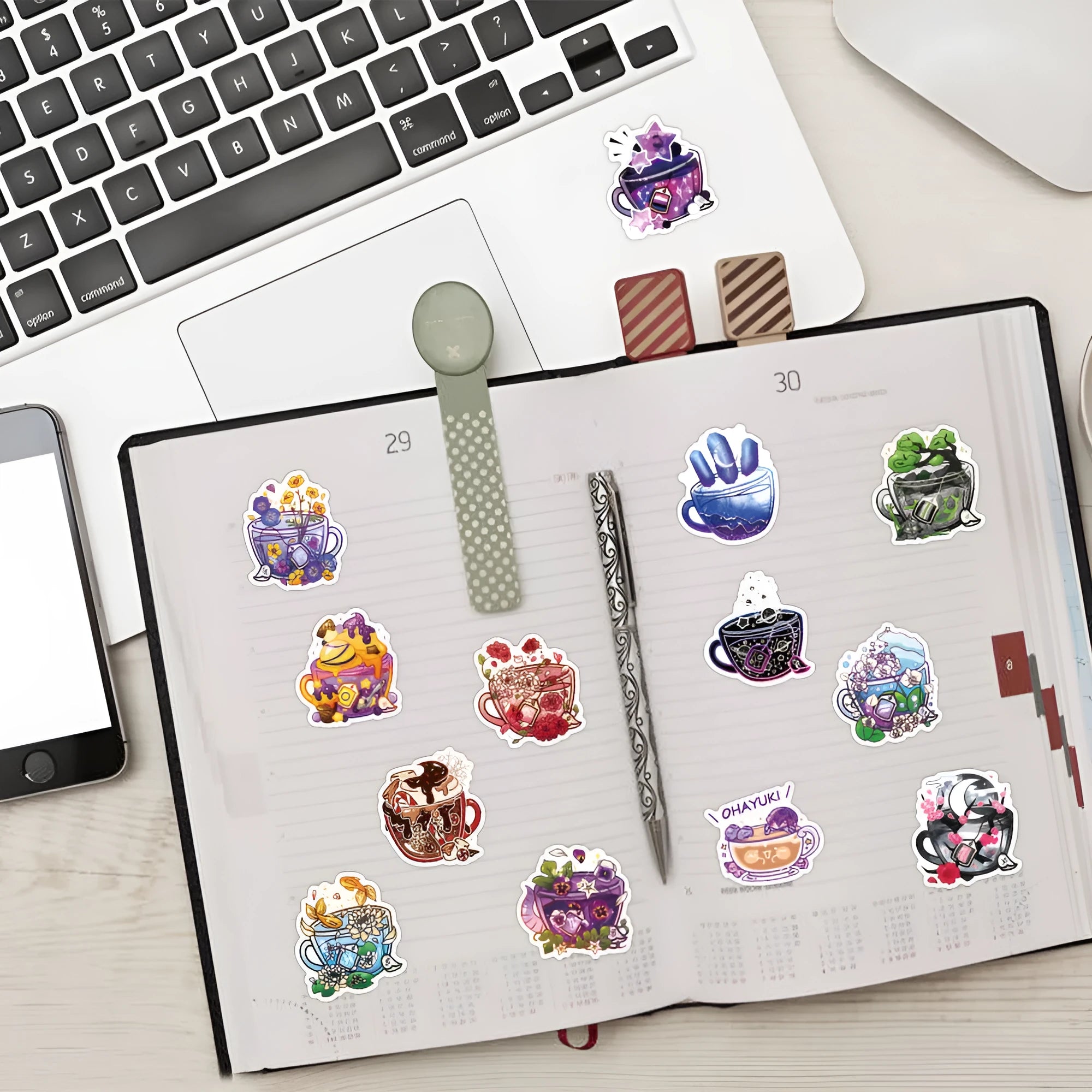 Waterproof vinyl stickers with colourful tea cup graffiti design in Nordic style, 50-piece pack