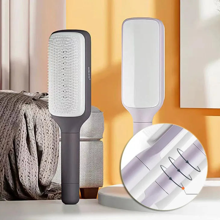 Roland purple self-cleaning hair brush with telescopic handle and wide teeth for detangling