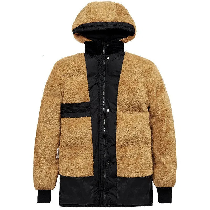 Men's black velvet double-breasted hooded padded jacket with a loose fit.
