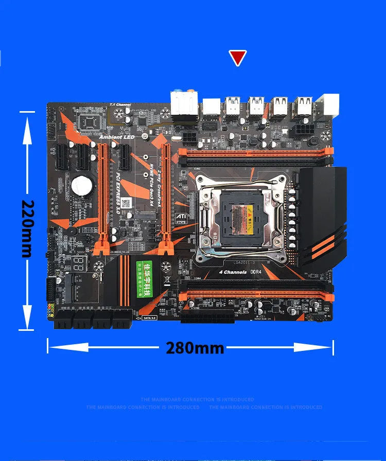 X99 computer motherboard with LGA2011-3 socket, four DDR4 slots, PCI-E expansion, and M.2 interface