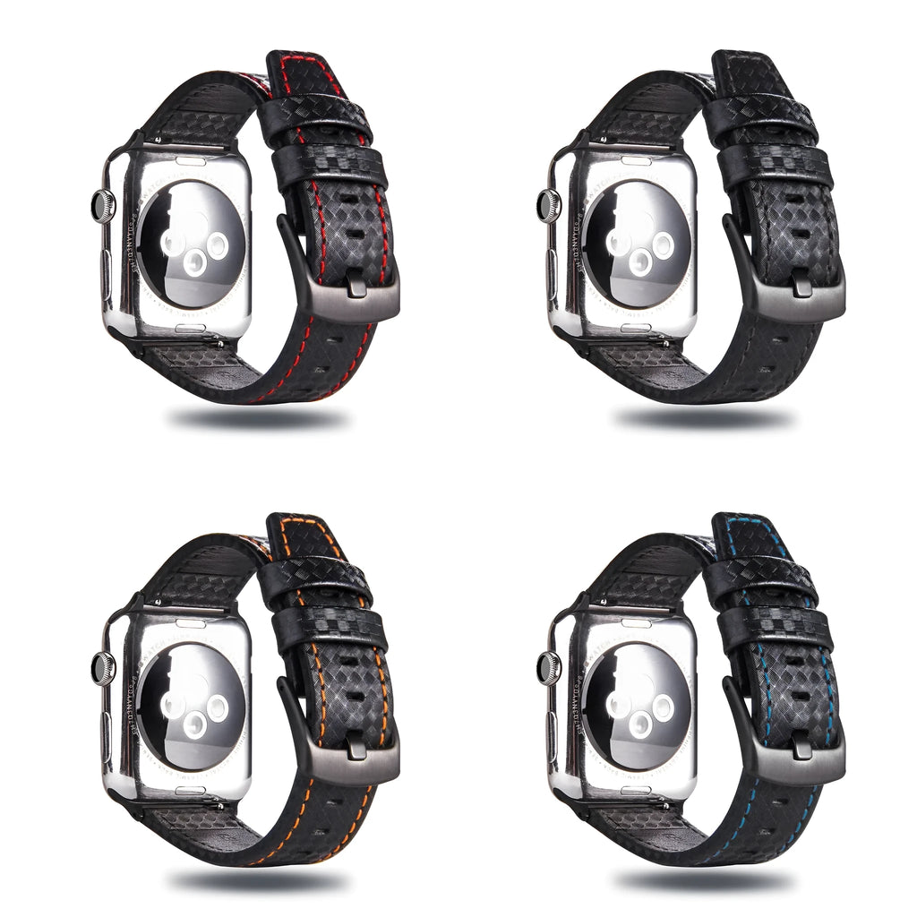 Carbon fibre and leather iPhone watch strap with PC hard shell case in red, black, orange, and blue thread options.