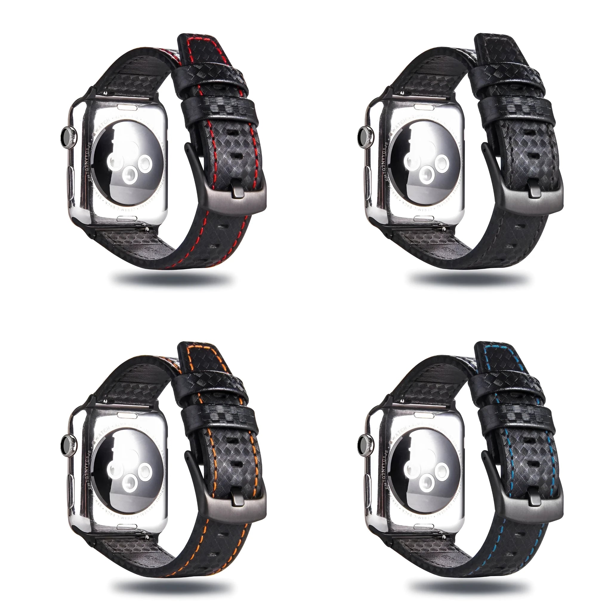 Carbon fibre and leather iPhone watch strap with PC hard shell case in red, black, orange, and blue thread options.