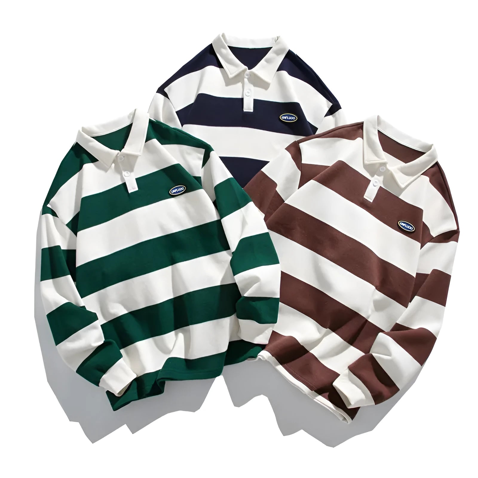 Hong Kong style pearl cotton polo shirt with striped collar in sapphire blue, wheat green, and coffee colours