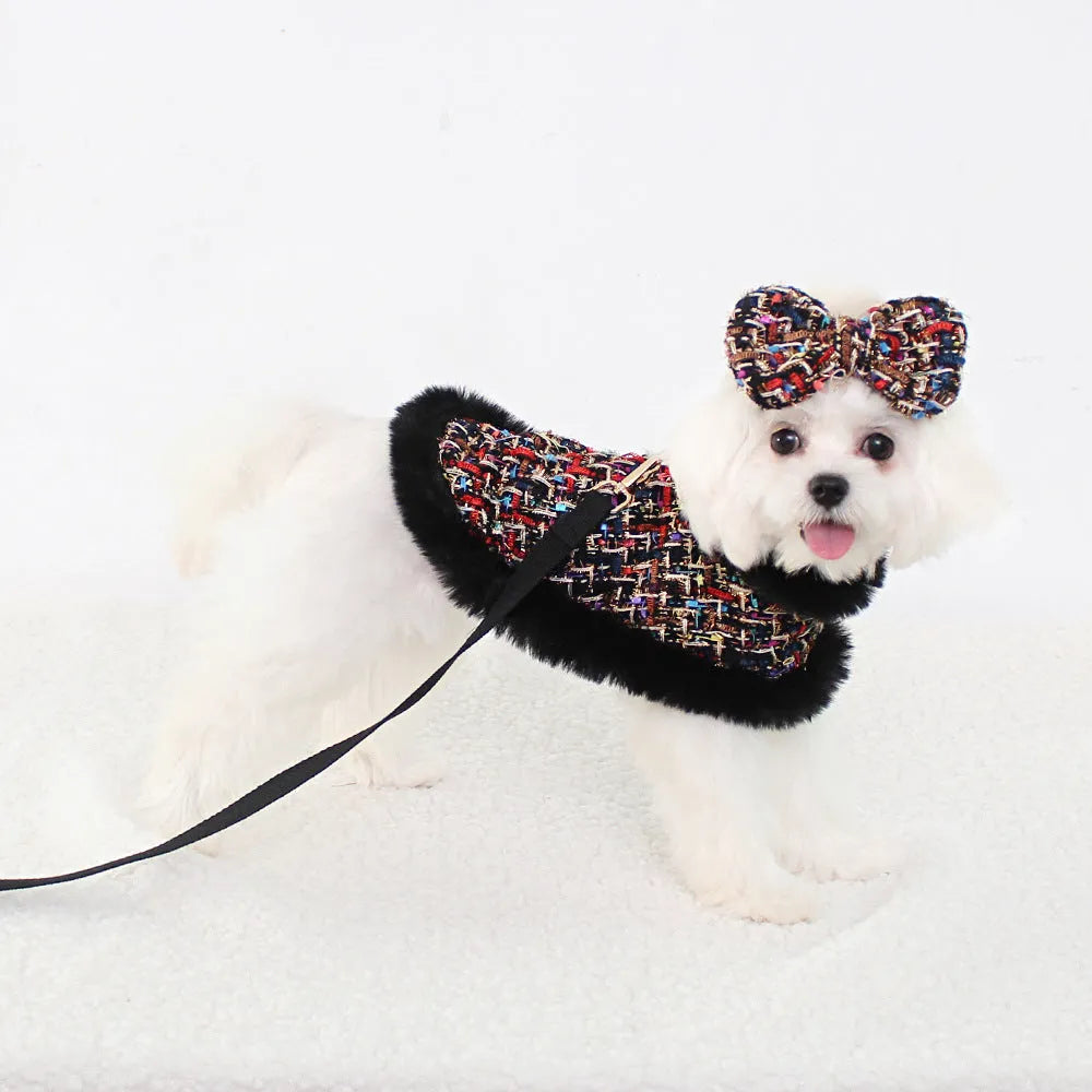 Dog wearing classic cloak-style chest harness with hand-holding rope leash in cloth material
